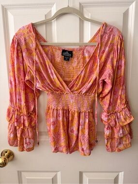 Angie Pink & Yellow Floral Smocked V-Neck Blouse